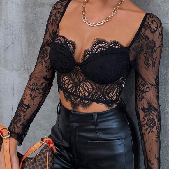 Bellanblue Tops - Black Floral Sheer Eyelash Lace Sleeve Crop Top